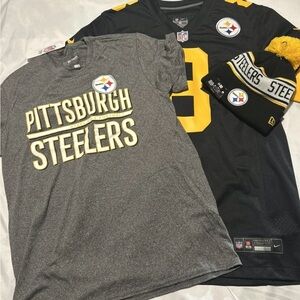 🔥🏈Nike Pittsburgh Steelers Gray T-Shirt and Black Jersey w/Beanie Set🏈🔥